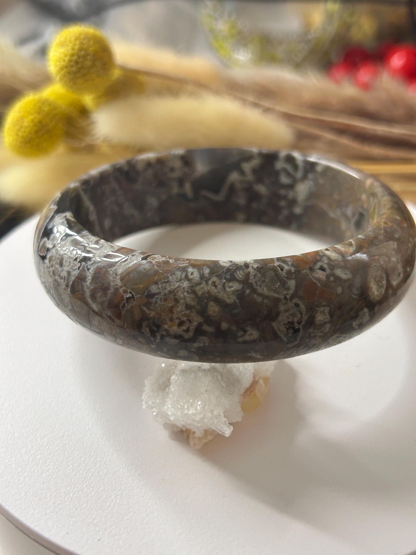 Moravato Ocean Jasper Bangle Bracelet With Orb Flowers -63mm Large Wrist Bangle Bracelet, Natural Crystal Bangle, Unique Flower-like Pattern