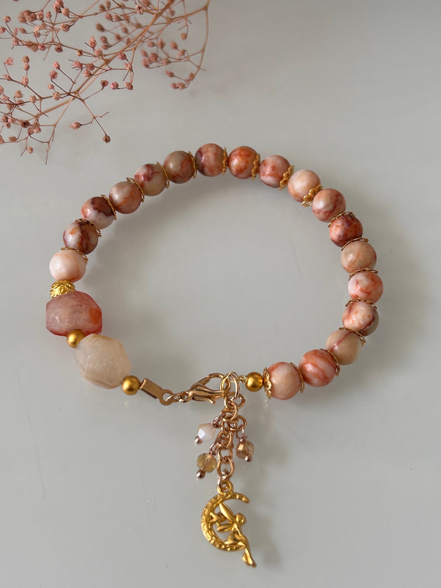 18CM Red Network Jasper - Pink Flower Agate - Forte Gemstone Beads - Orange and white marbled 8mm - Lurex Cord Bracelet - Crystal Bracelet
