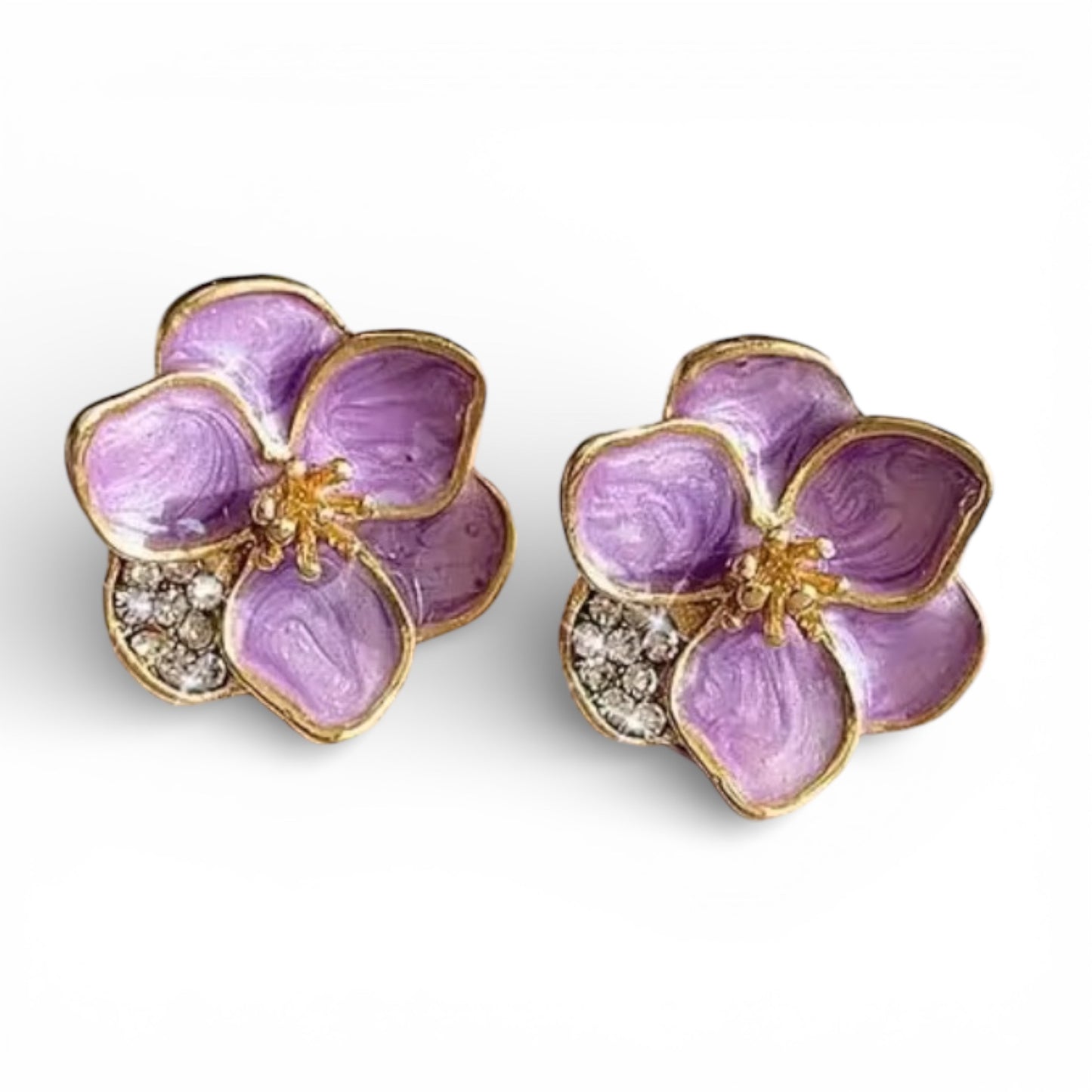 Purple Enamel Flower Stud Earrings, Gold Tone Floral Studs with Crystal Accent