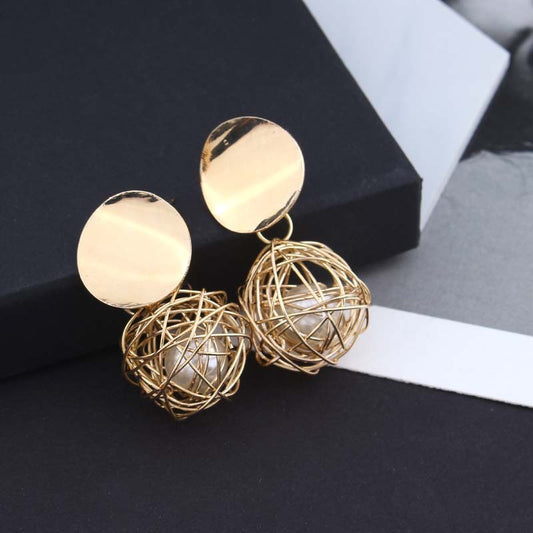 Vintage Geometric Pearl Earrings – Woven Ball Studs, 4.5CM Drop, Stainless Steel