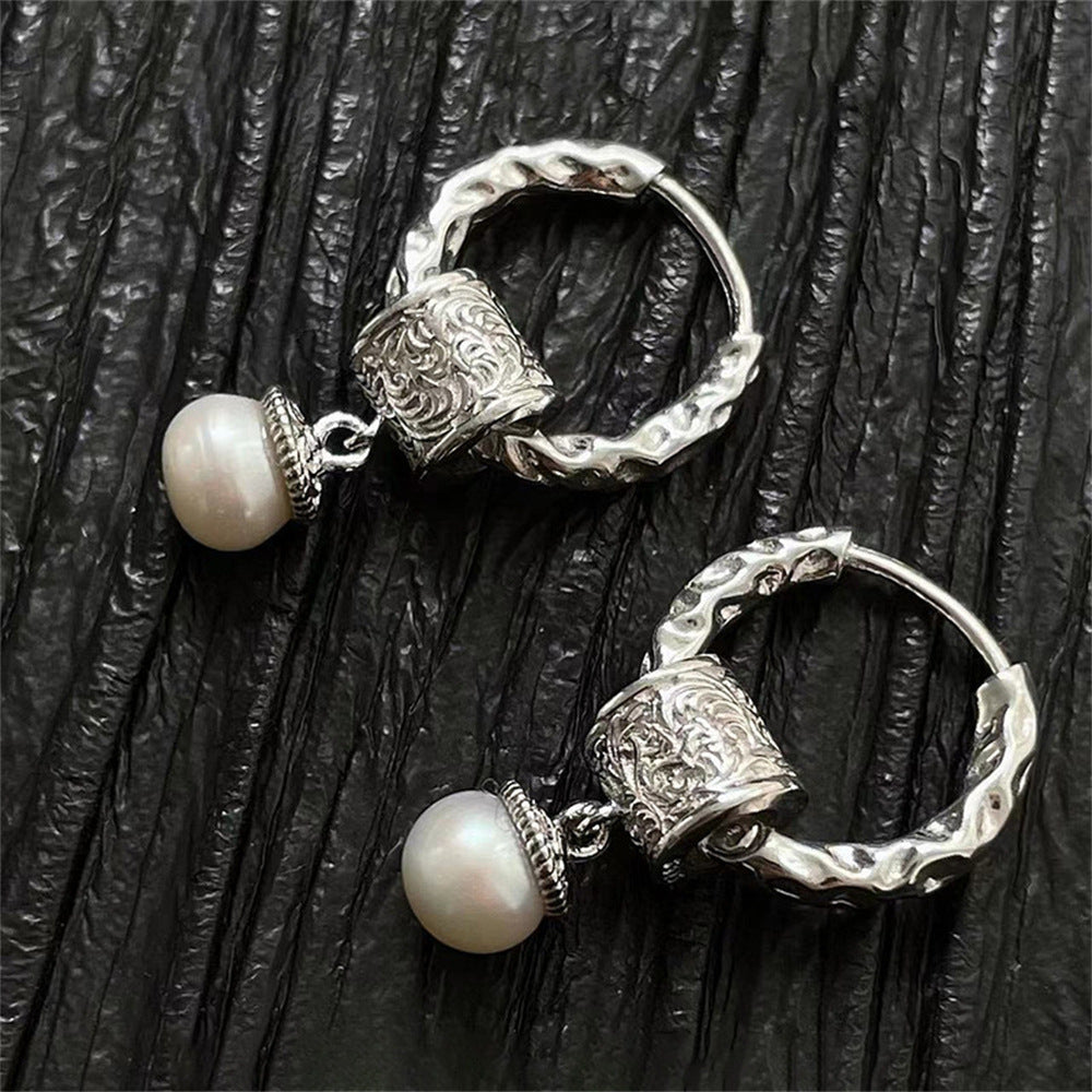 925S Sterling Silver Pearl Drop Earrings - Vintage Inspired Hoops Earring with Engraved Detailing, Elegant