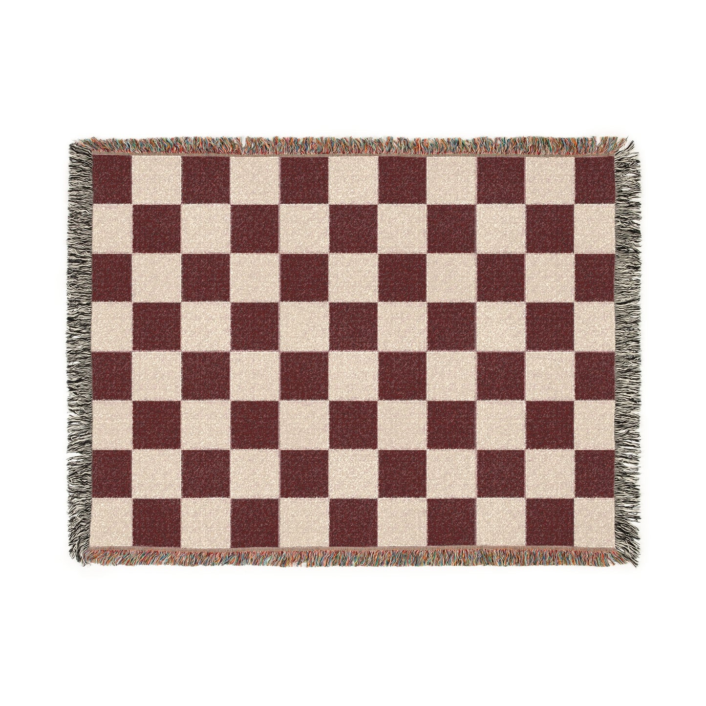 Luxury Checkerboard Woven Blanket | Deep Burgundy & Soft Beige Cotton Throw with Fringe