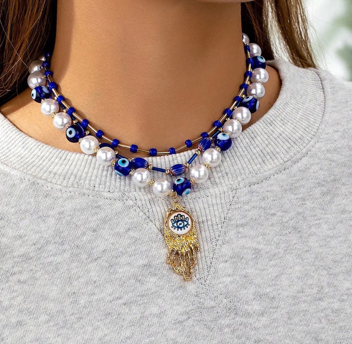 Evil Eye Pearl Hamsa Layered Necklace