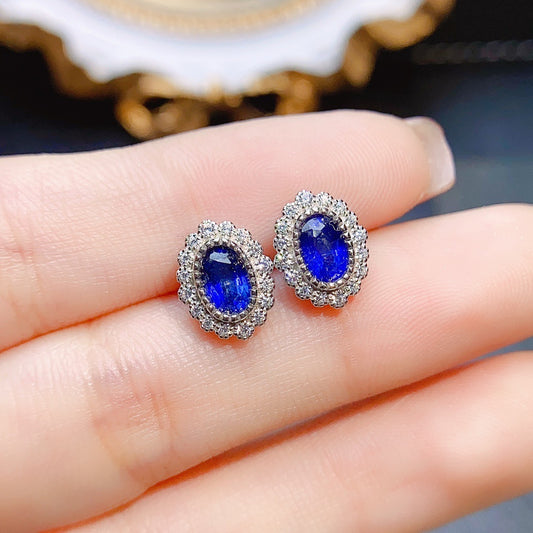 Handmade S925 Silver Sapphire Halo Stud Earrings, 4x6mm Oval Blue Stone – Elegant Women’s Ear Studs