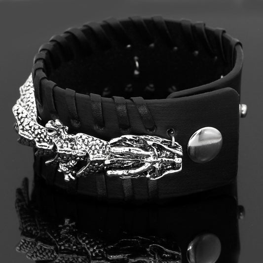 Viking Dragon Leather Bracelet – Stainless Steel Dragon Centerpiece on Thick Hand-Stitched Leather Cuff