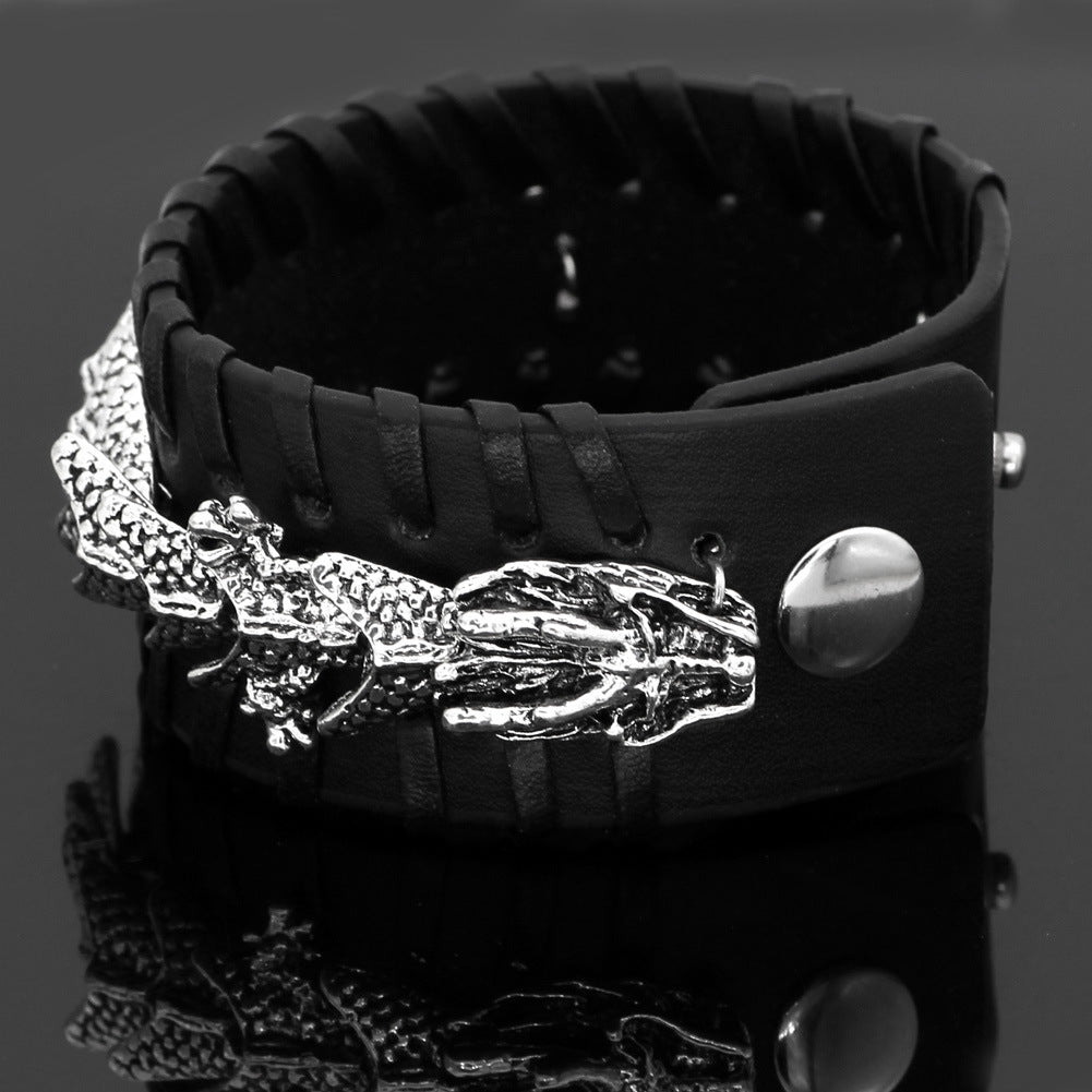 Viking Dragon Leather Bracelet – Stainless Steel Dragon Centerpiece on Thick Hand-Stitched Leather Cuff