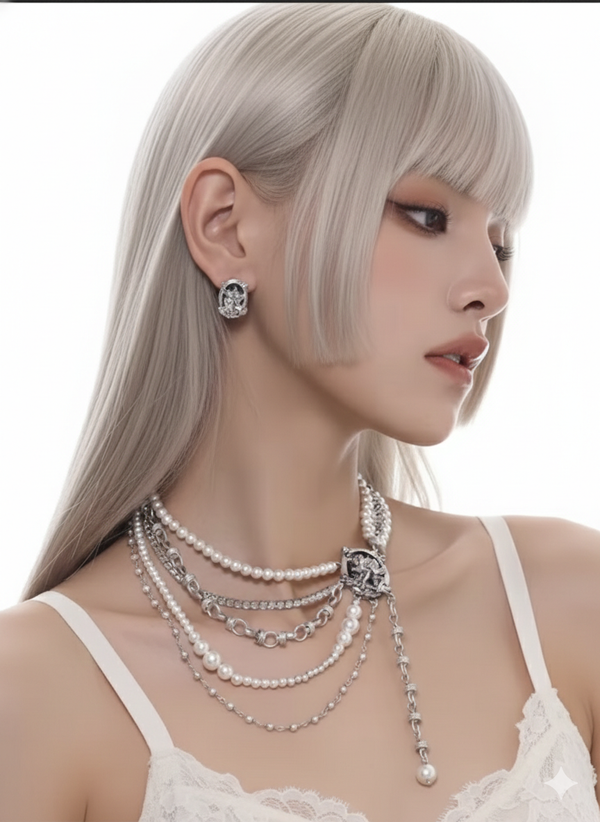 Luxe Multi-Strand Pearl & Chain Necklace with Ornate Medallion