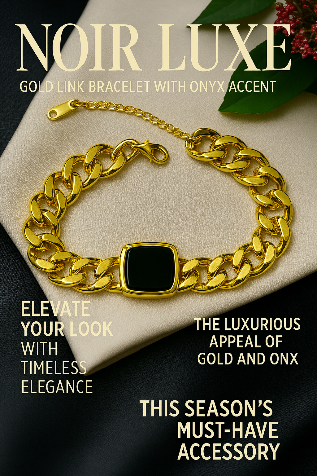 Noir Luxe: Gold Link Bracelet with Onyx Accent