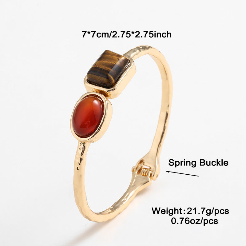 Tiger Eye & Carnelian Half Bangle Bracelet – Imitation Gemstone Boho Jewelry, Energy Protection Gift for Her