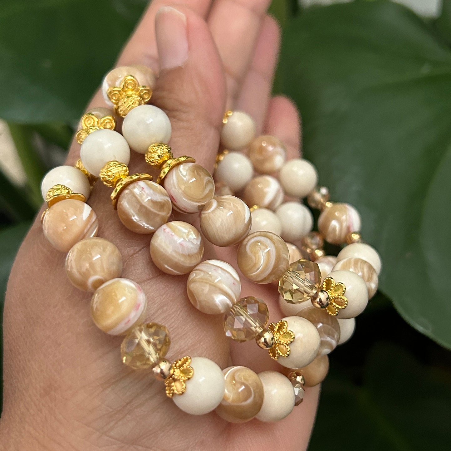 Handmade Mother of Pearl and Ivory Jade Bracelet - 10mm Natural Crystal Beads - Healing Jewelry - Perfect Gift for Her - Spiritual Balance