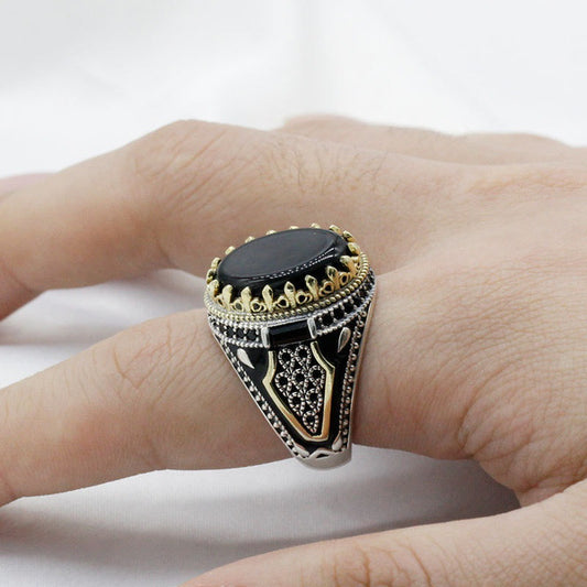 Black Natural Agate Stone Ring 925 Silver Men's Ring