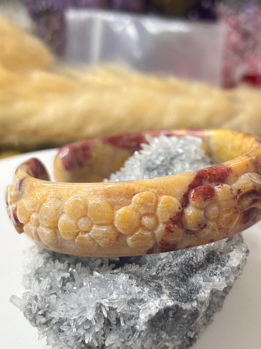 Small size 56.1 mm Bangle Red Flower Bakelite Deep Carved | Coral Jade |  Bangle Bracelet | Gift for her |Flower Carved | Crystal Bangle
