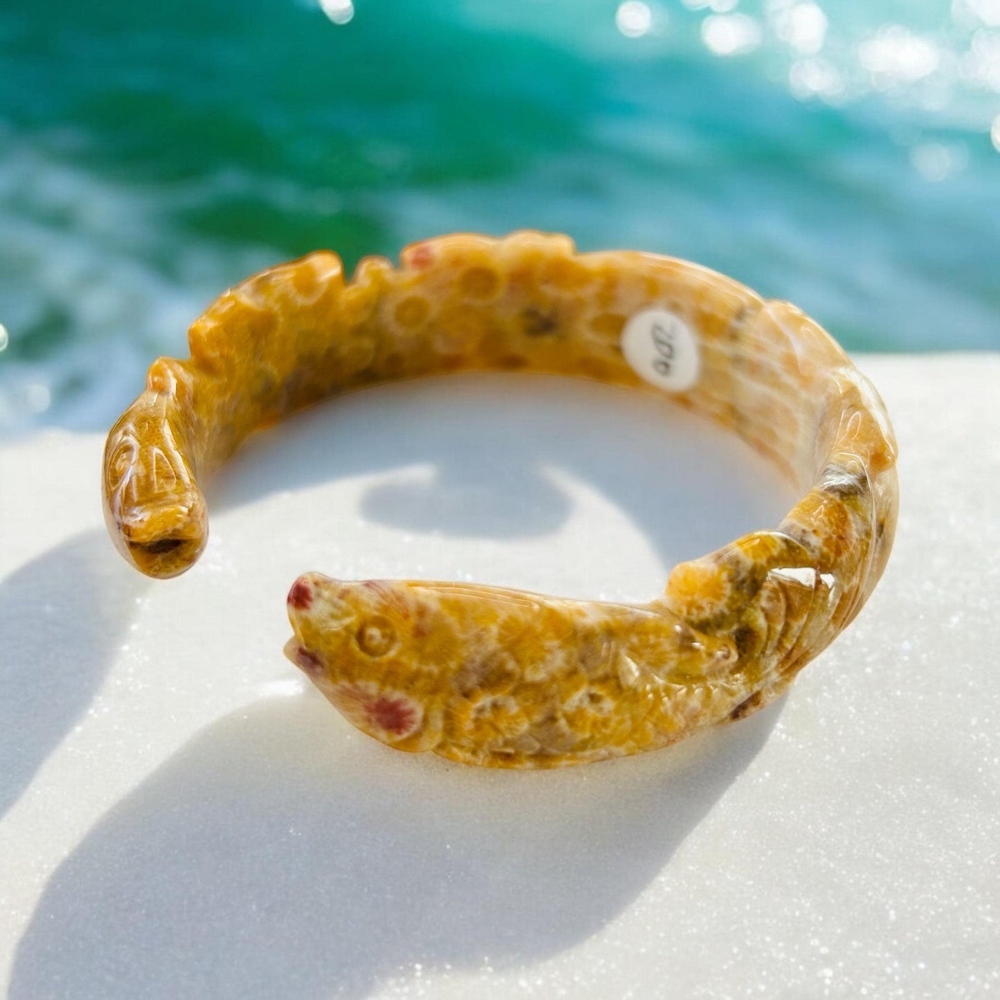 Medium size 58.3mm Bangle Double Fish Carve Bangle | Fosil Coral Jade |  Bangle Bracelet | Gift for her | Snake Bracelet |