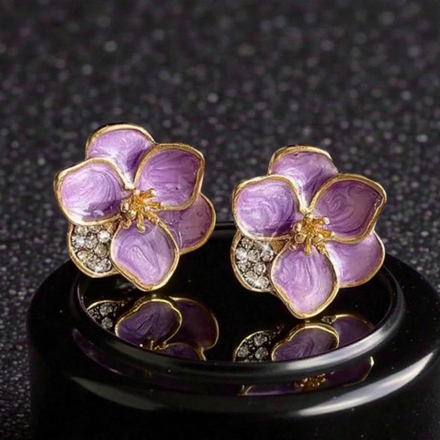 Purple Enamel Flower Stud Earrings, Gold Tone Floral Studs with Crystal Accent