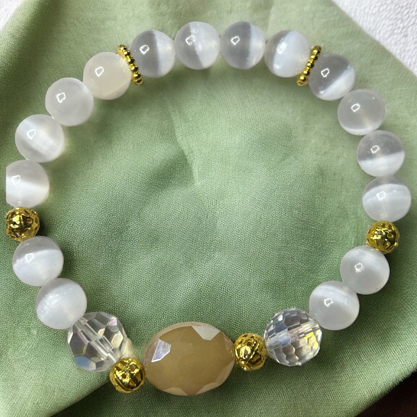 8mm Selenite & Faceted Agate, Bead Bracelet Round Crystals (Premium Grade Stretch Gemstone Bracelet, Selenite Crystal Bracelet) Gift for her