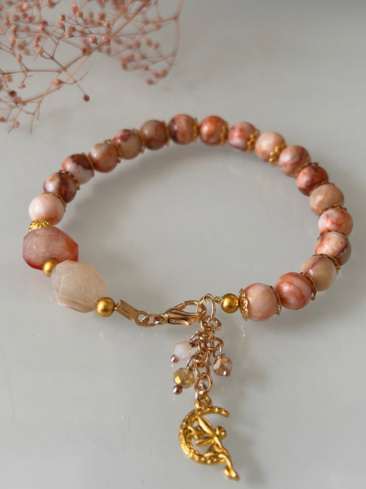 18CM Red Network Jasper - Pink Flower Agate - Forte Gemstone Beads - Orange and white marbled 8mm - Lurex Cord Bracelet - Crystal Bracelet