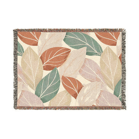 Woven Blanket — Autumn Leaf Throw Blanket, Boho Earth Tone & Teal Leaf Pattern