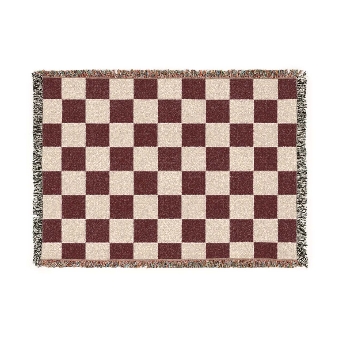 Luxury Checkerboard Woven Blanket | Deep Burgundy & Soft Beige Cotton Throw with Fringe