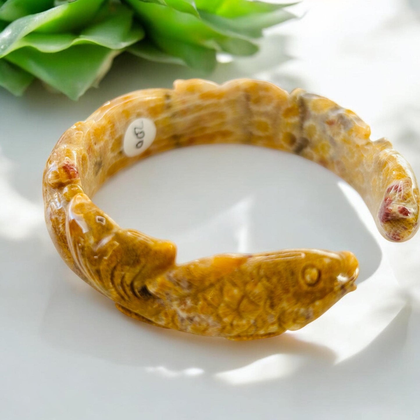 Medium size 58.3mm Bangle Double Fish Carve Bangle | Fosil Coral Jade |  Bangle Bracelet | Gift for her | Snake Bracelet |