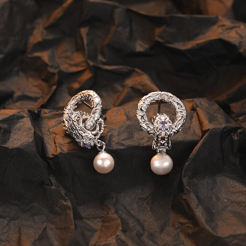 925 Sterling Silver Tang Grass Pattern Earrings With Natural Freshwater Pearl