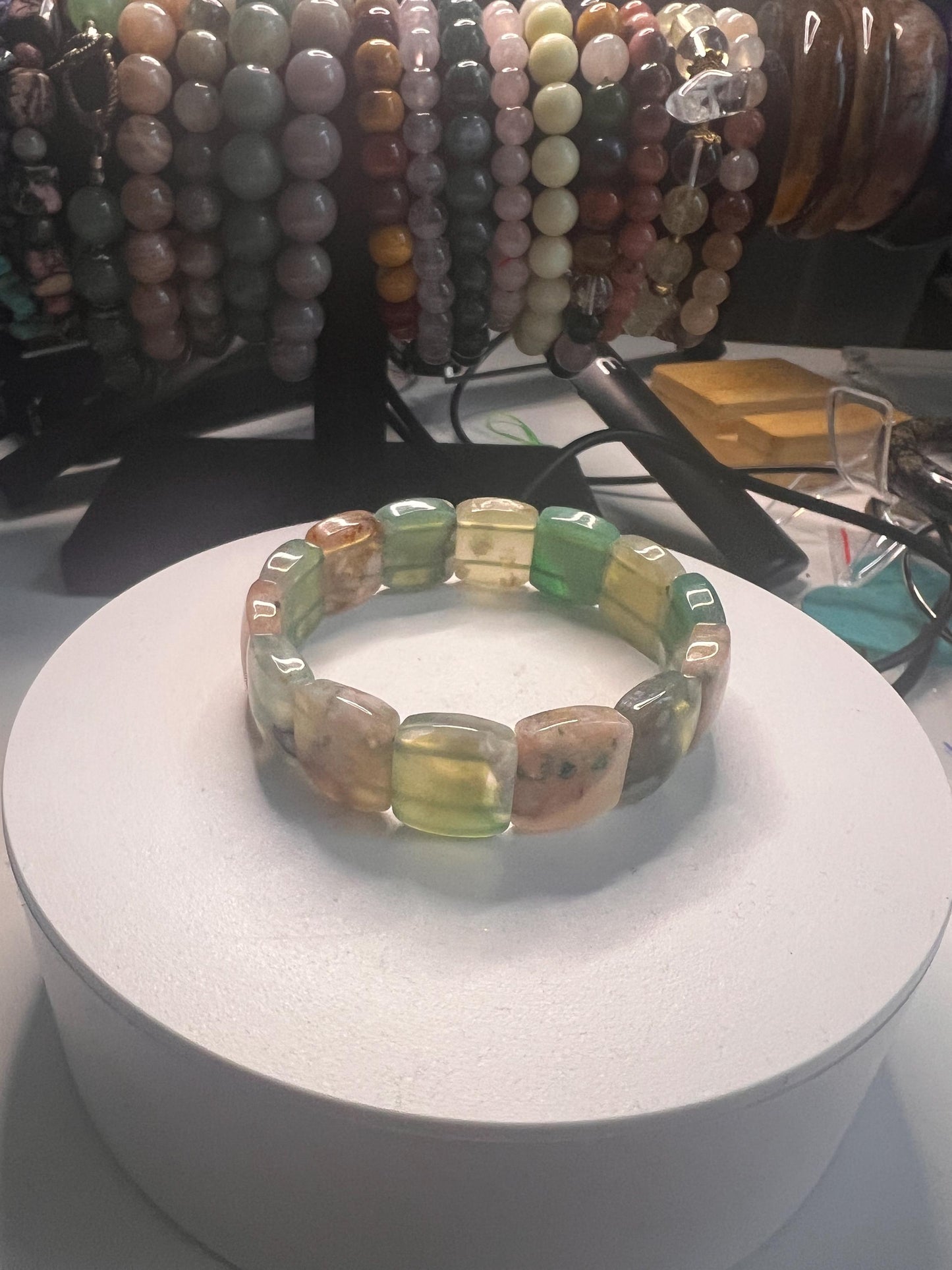 Green Flower Agate Soft Bangle Bracelet With Green Flower Agate | Sakura Flower Agate | Crystal Soft Bangle | Agate Bangle | Gift for her