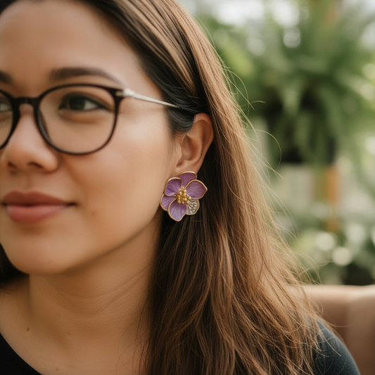 Purple Enamel Flower Stud Earrings, Gold Tone Floral Studs with Crystal Accent