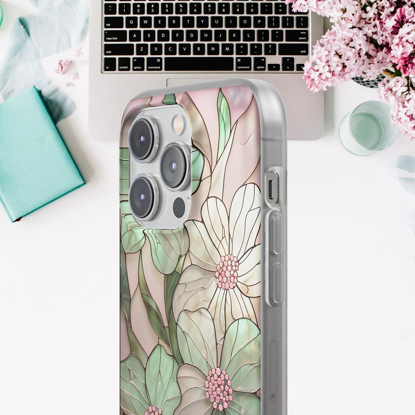 Flexi Cases, Phone Cover with Mosaic Flower in Pink and light green, Floral Phone Case, Flexible Phone Case, Flower Pattern Phone Cover,