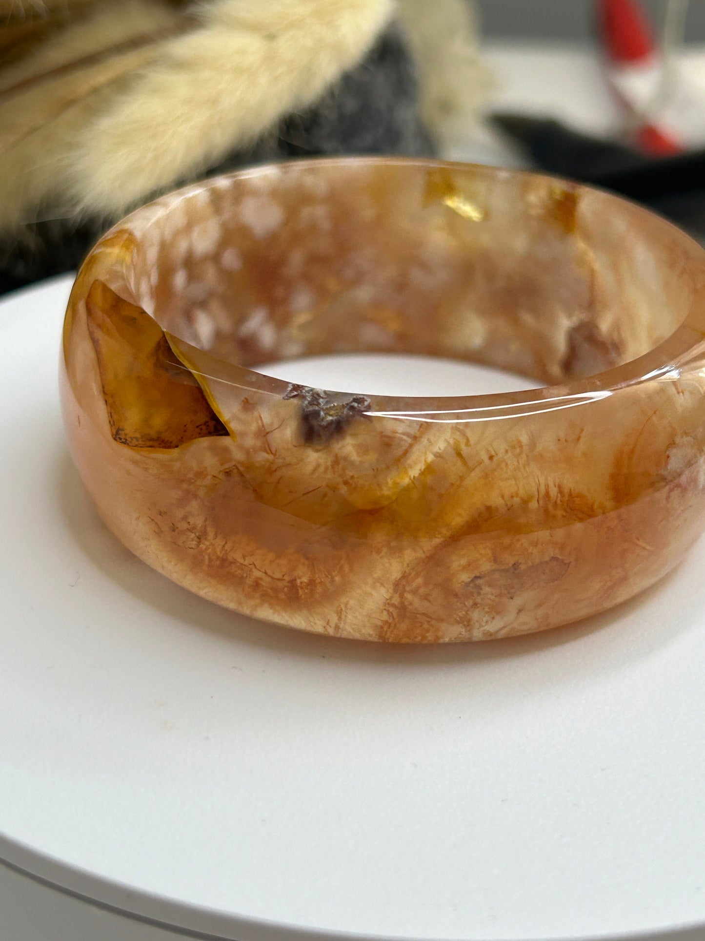 Sakura Bangle Small 54.3mm/6.75"in Cherry Blossom Madagascar Agate Crystal Quartz Gemstone Healing Chakra (White, Pink, Light Red, Yellow)