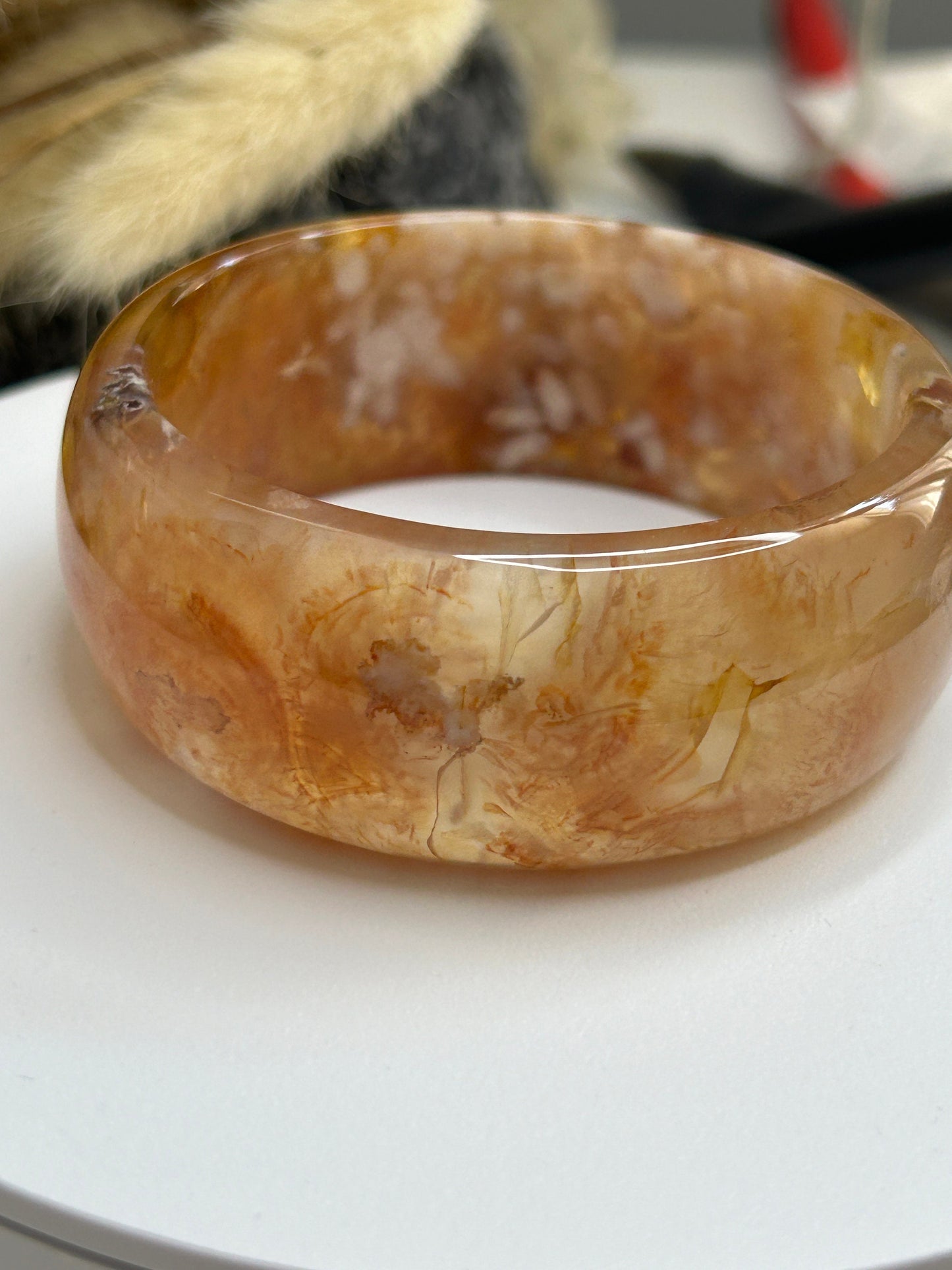 Sakura Bangle Small 54.3mm/6.75"in Cherry Blossom Madagascar Agate Crystal Quartz Gemstone Healing Chakra (White, Pink, Light Red, Yellow)