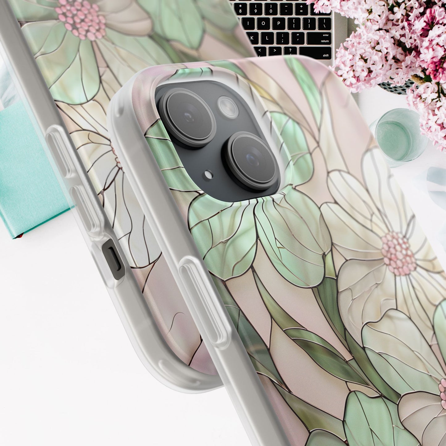 Flexi Cases, Phone Cover with Mosaic Flower in Pink and light green, Floral Phone Case, Flexible Phone Case, Flower Pattern Phone Cover,