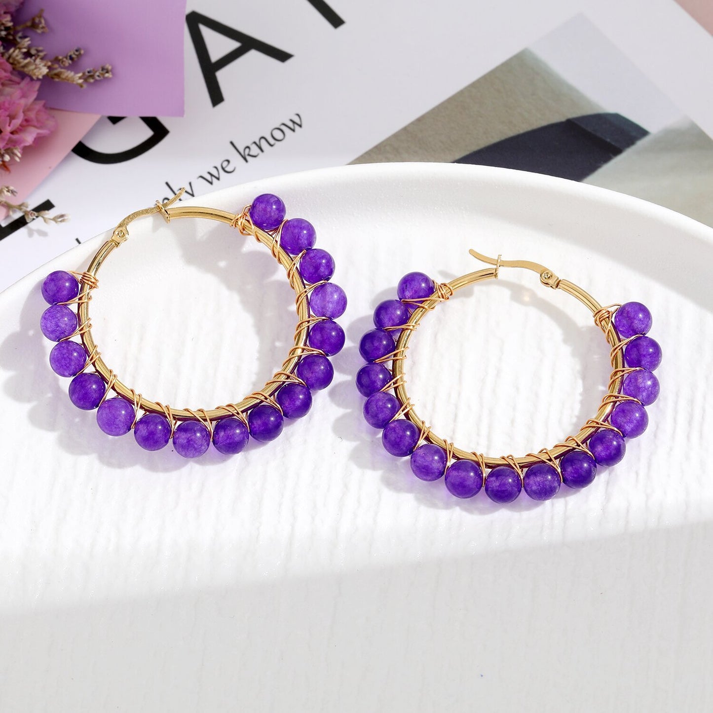 Natural Stone Stainless Steel Winding Earrings