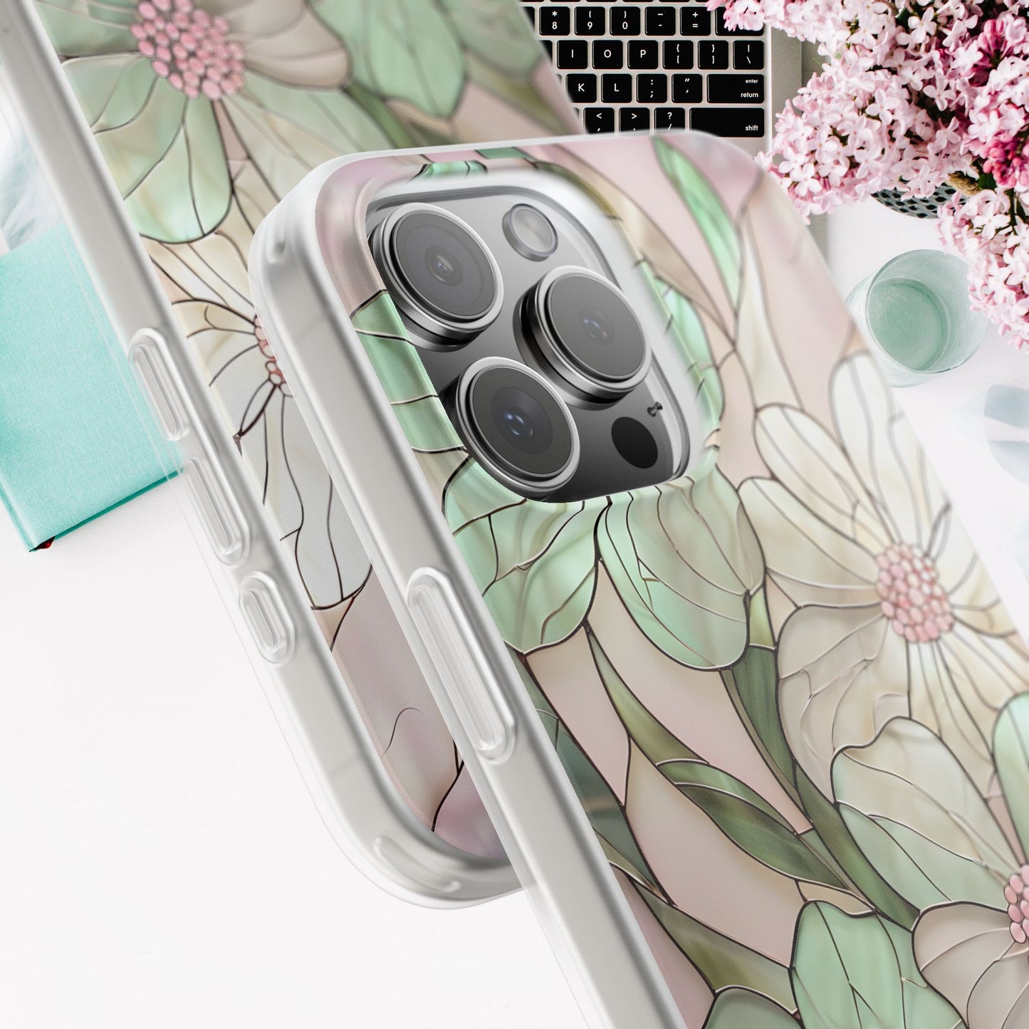 Flexi Cases, Phone Cover with Mosaic Flower in Pink and light green, Floral Phone Case, Flexible Phone Case, Flower Pattern Phone Cover,
