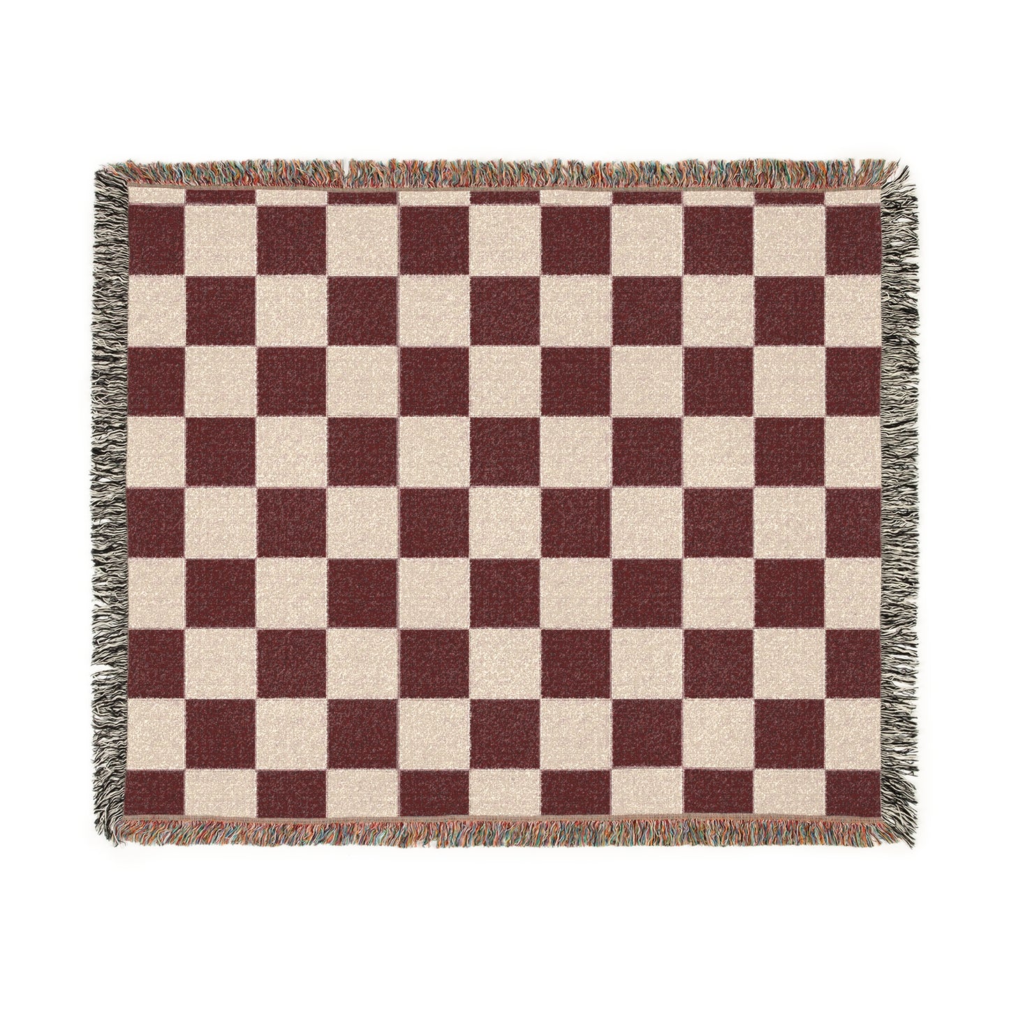 Luxury Checkerboard Woven Blanket | Deep Burgundy & Soft Beige Cotton Throw with Fringe