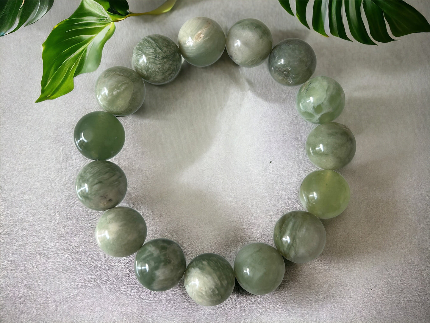 Natural Green Jade Beaded Bracelet-13MM-14MM Gradually Setting smooth round jade Bracelet-Gemstone-gift for her-green jade crystal