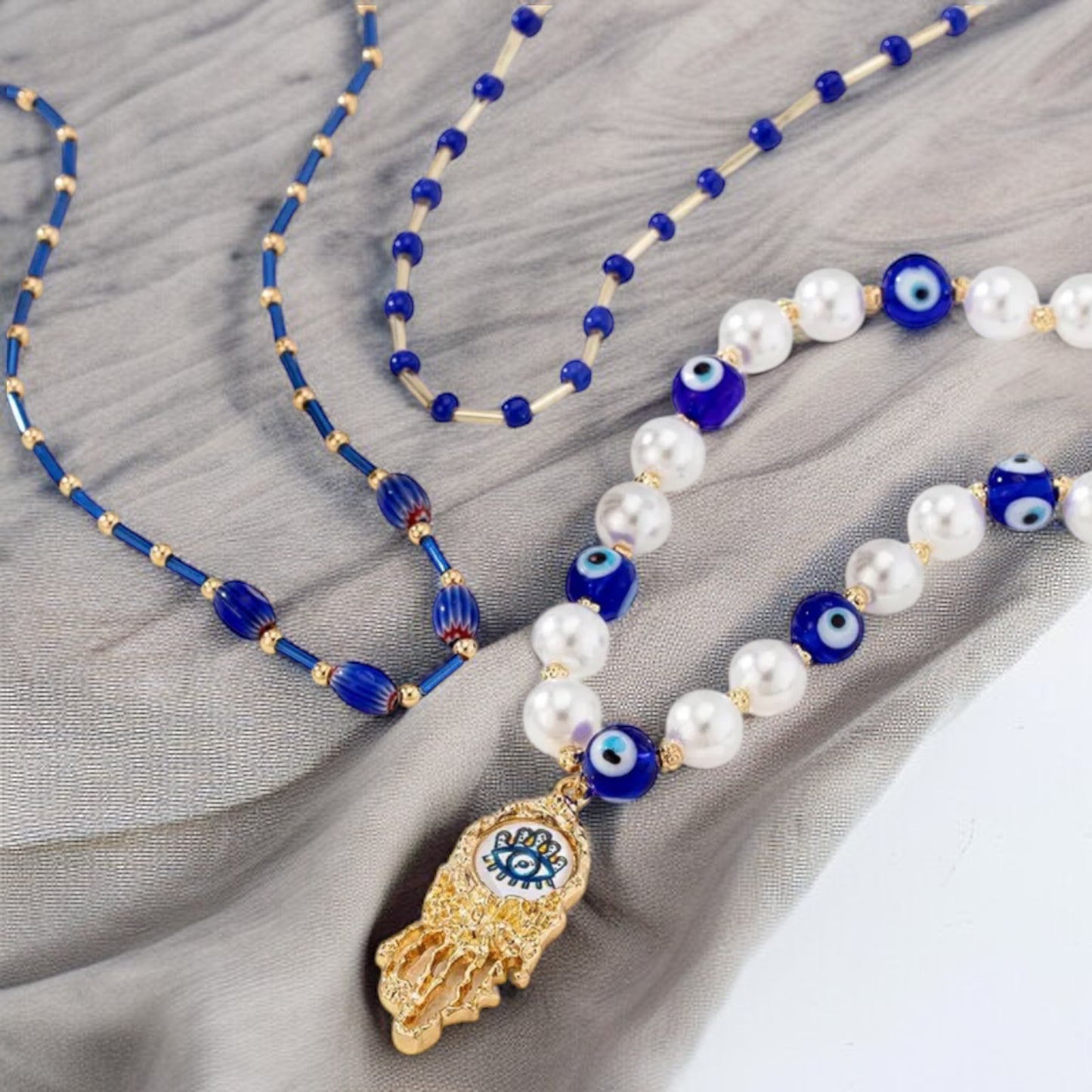 Evil Eye Pearl Hamsa Layered Necklace