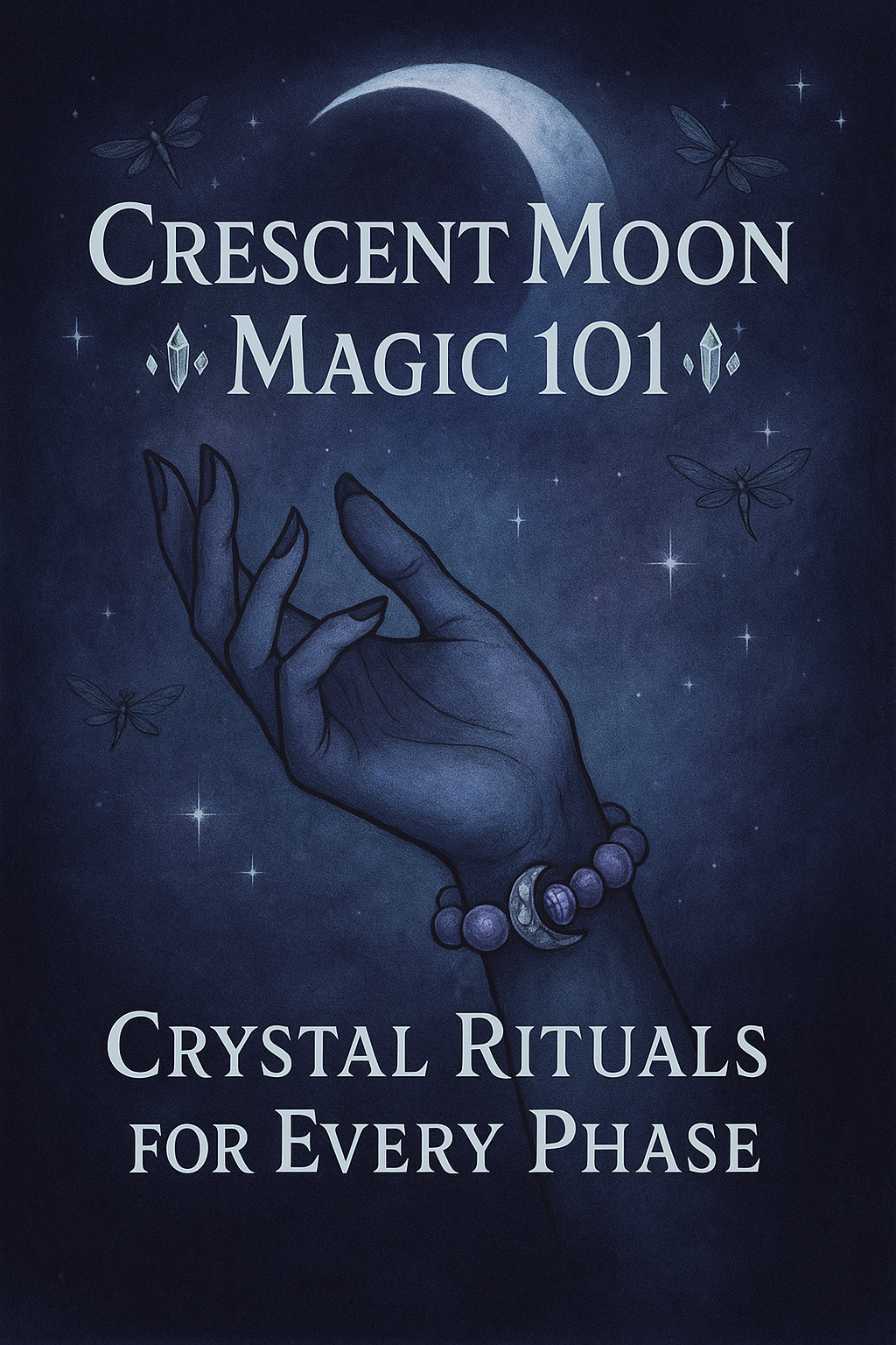 Book cover of 'Crescent Moon Magic 101' with a hand holding crystals against a dark blue background with a crescent moon.