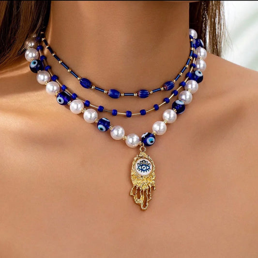 Evil Eye Pearl Hamsa Layered Necklace