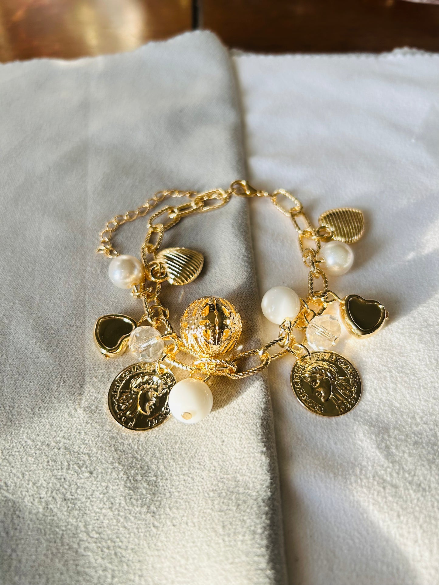 Luxury Gold Tone Coin & Pearl Charm Bracelet