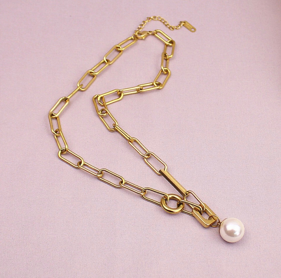 Gold Paperclip Chain Pearl Pendant Necklace – 18K Gold Plated Stainless Steel
