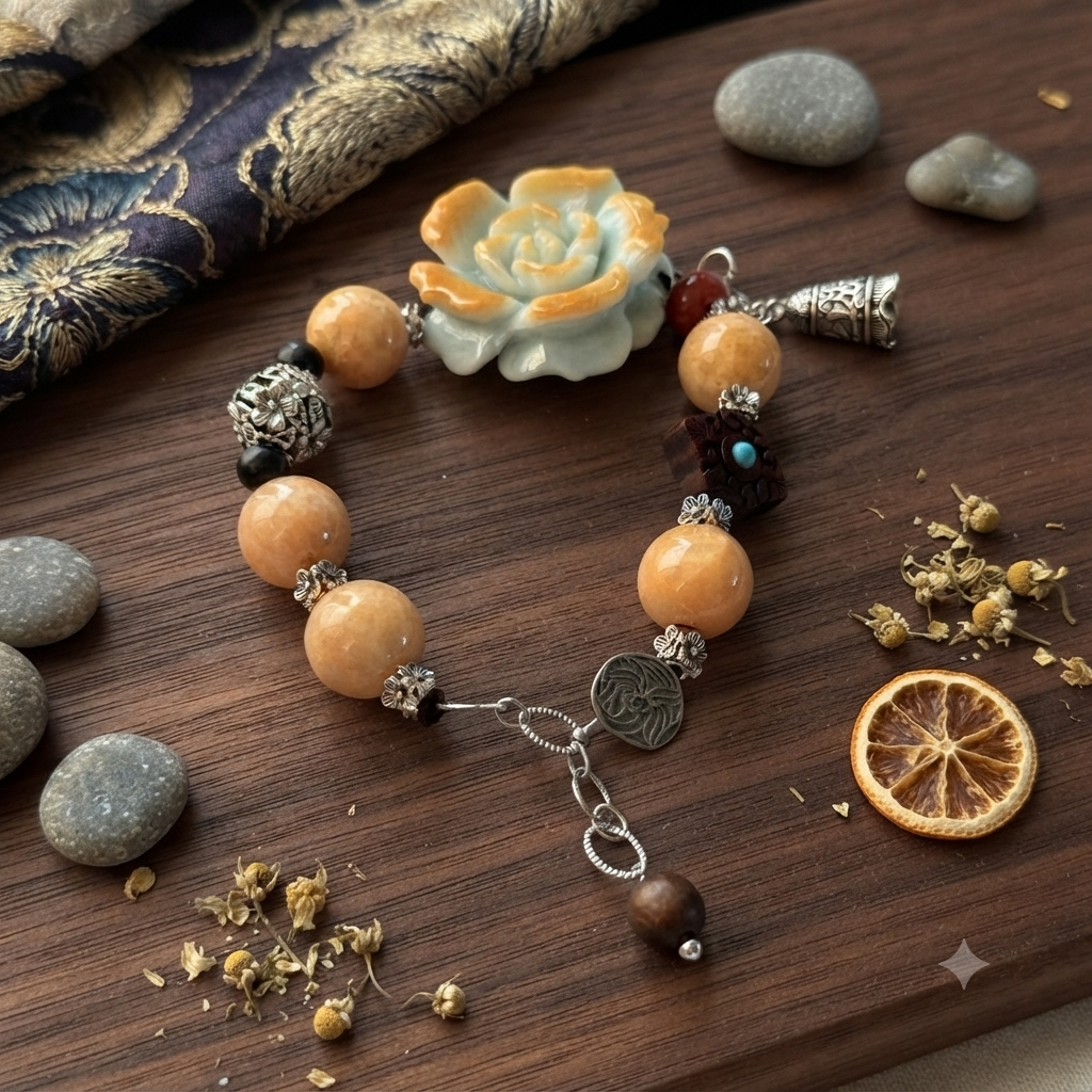AAA Jade carved peony bracelet full view on dark wood surface