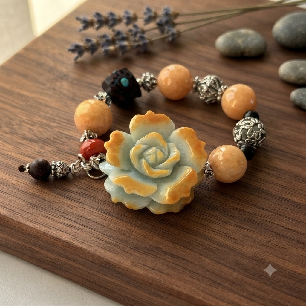 AAA Jade carved peony rose bracelet on wood surface with dried flowers - overhead view