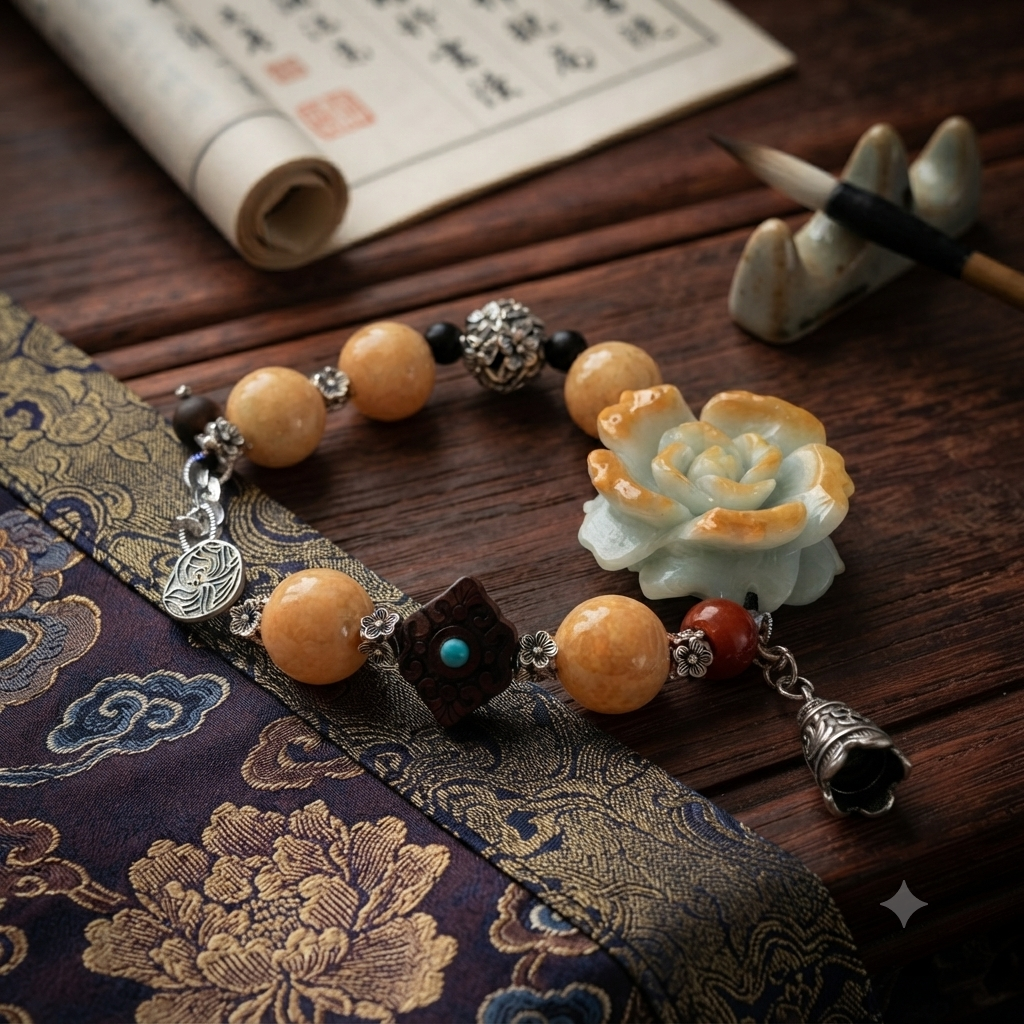 AAA Jade carved peony bracelet on brocade fabric with calligraphy scroll - side view