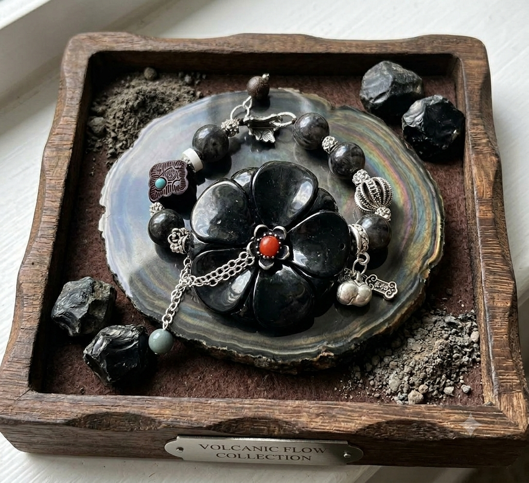 Volcanic Flow Obsidian Flower Charm Bracelet held in hand showing full detail