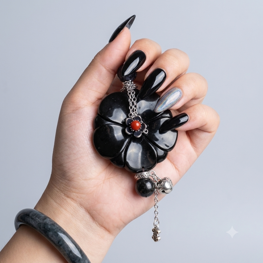 Volcanic Flow Obsidian Flower Charm Bracelet displayed on abalone shell in wooden tray with volcanic rocks