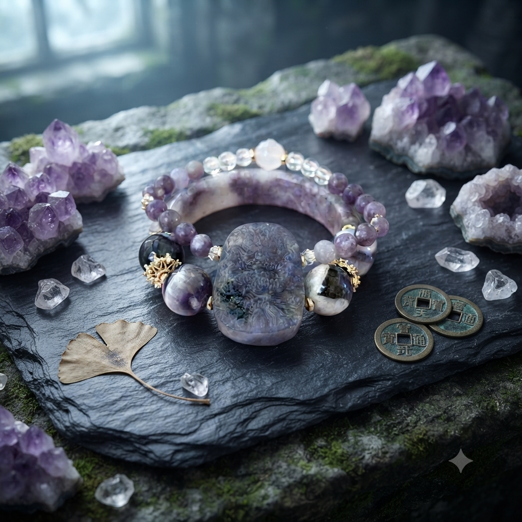 Amethyst Bangle Bracelet with Carved Dragon Pendant
