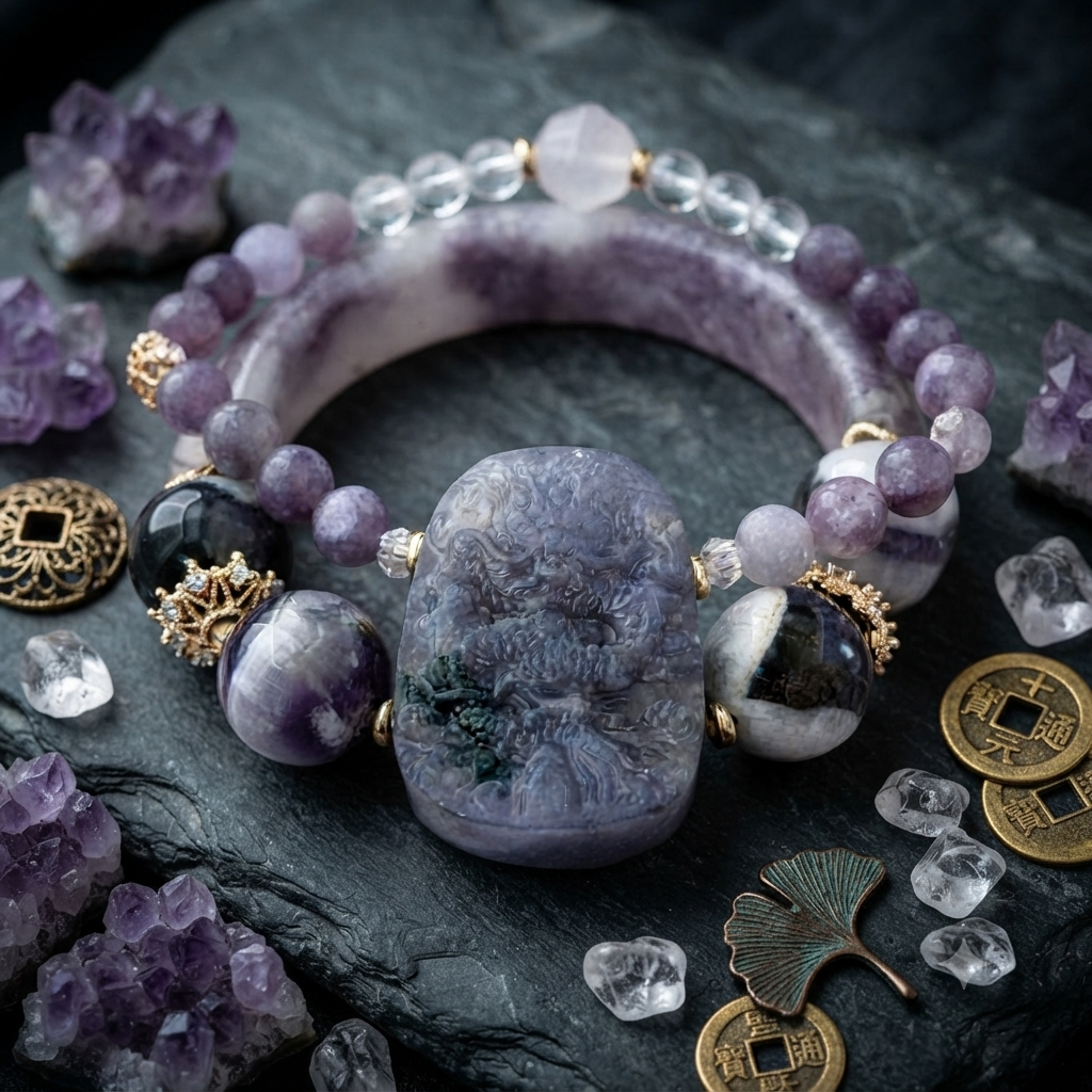 Amethyst Bangle Bracelet with Carved Dragon Pendant