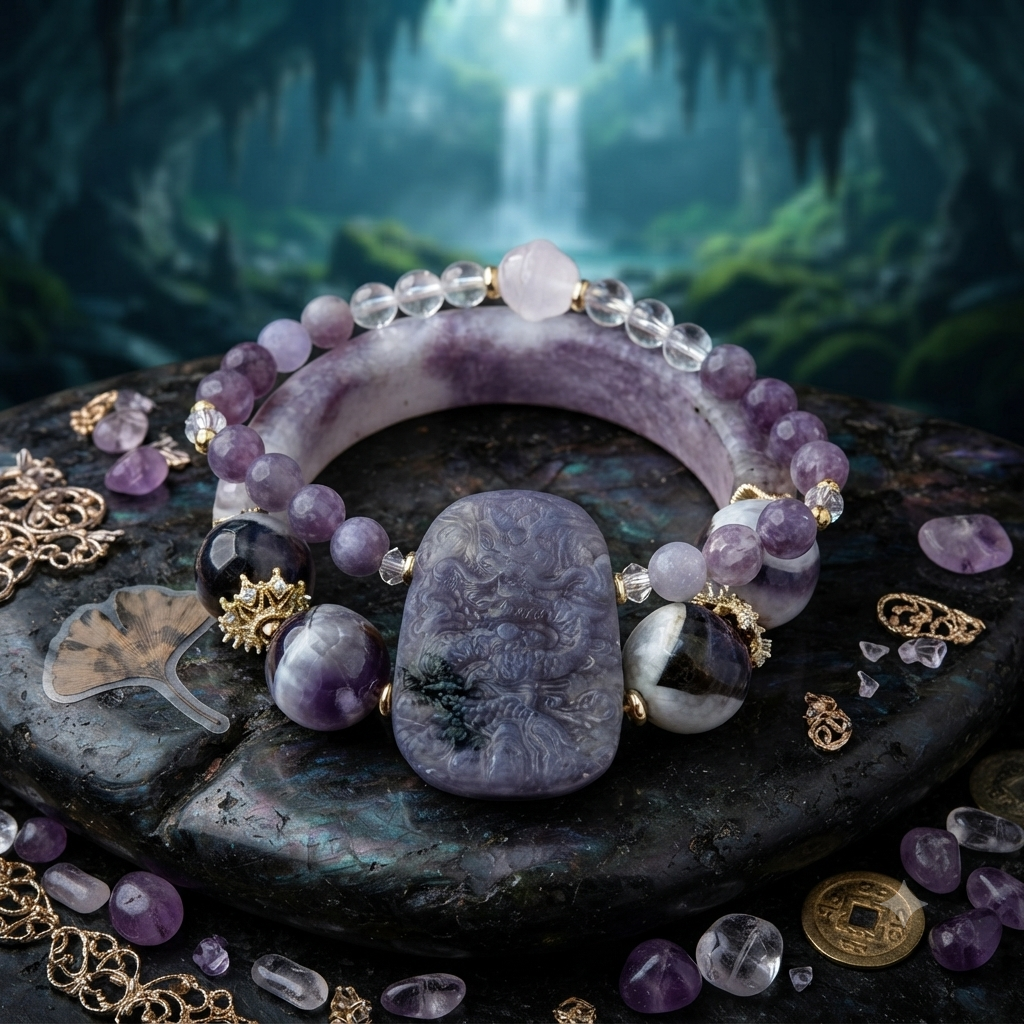 Amethyst Bangle Bracelet with Carved Dragon Pendant