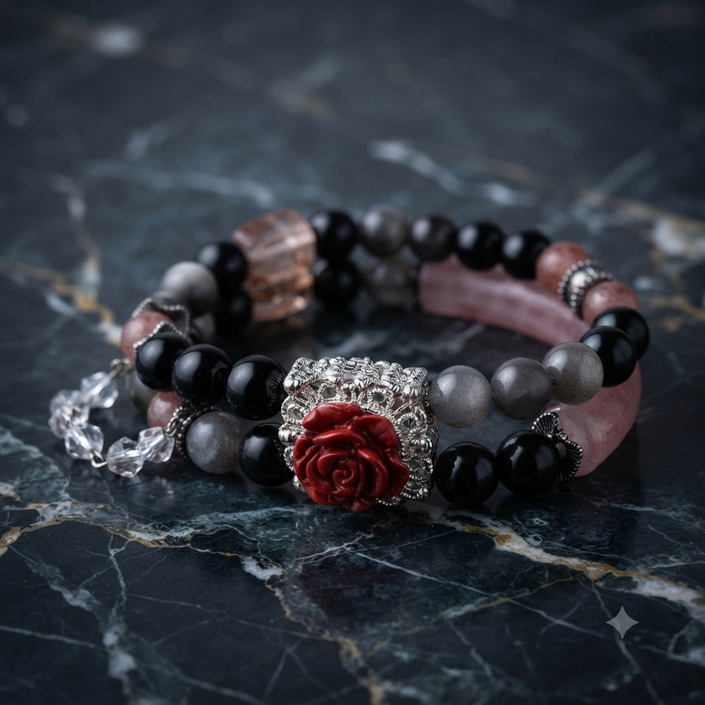 Strawberry Quartz & Silver Obsidian Bangle Bracelet Set