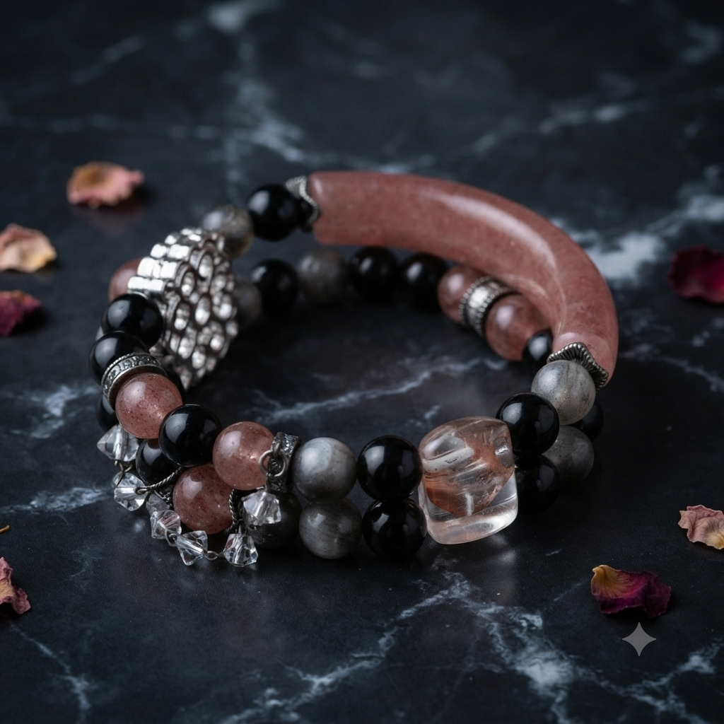 Strawberry Quartz & Silver Obsidian Bangle Bracelet Set