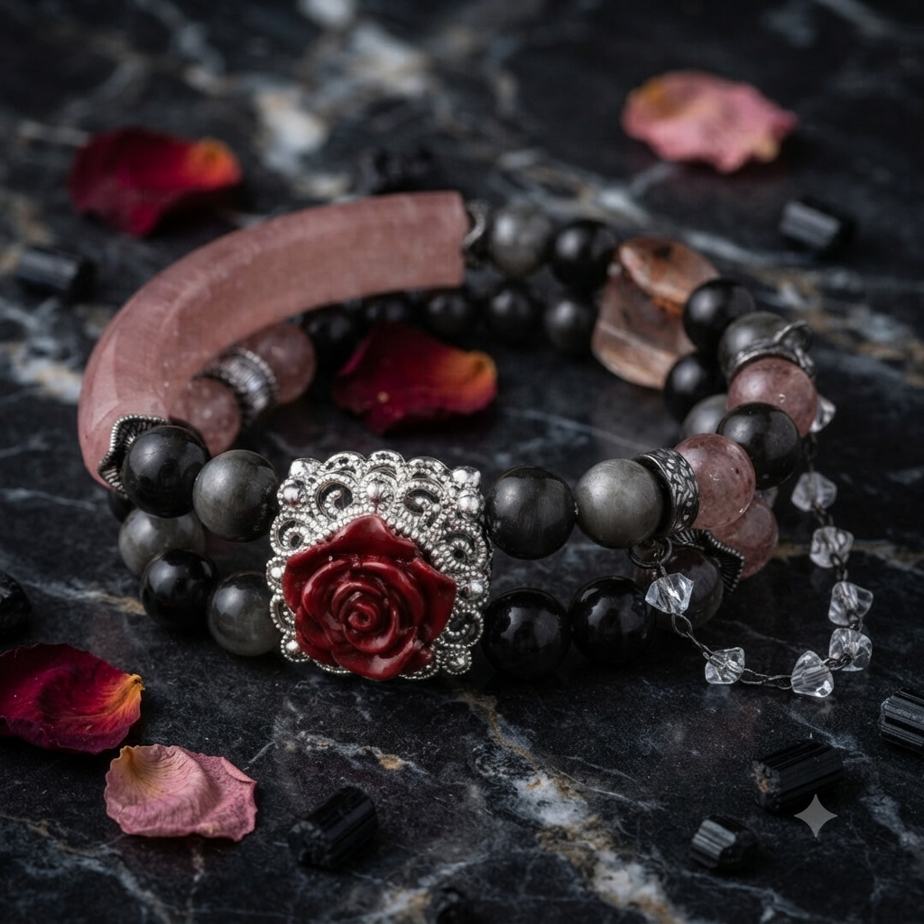 Strawberry Quartz & Silver Obsidian Bangle Bracelet Set